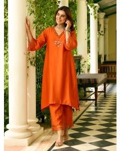 Orange Hand Embroidered Chanderi Kurta with Pants- Set of 2