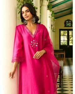 Fuchsia Hand Embroidered Chanderi Kurta with Pants- Set of 2