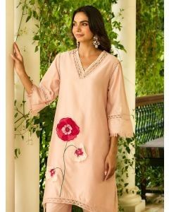 Light Pink Patch Work Viscose Chanderi Kurta with Pants- Set of 2