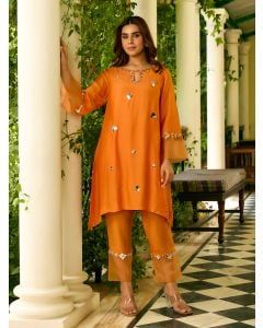 Orange Hand Embroidered Cotton Silk Kurta with Pants- Set of 2