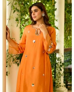 Orange Hand Embroidered Cotton Silk Kurta with Pants- Set of 2