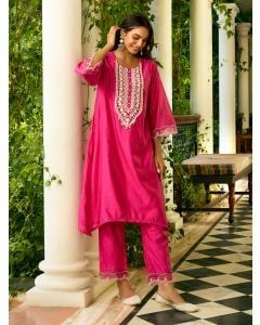 Fuchsia Embroidered Viscose Chanderi Kurta with Pants- Set of 2