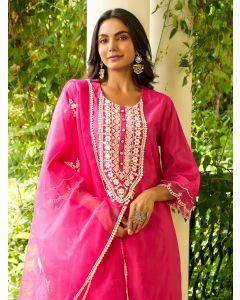 Fuchsia Embroidered Viscose Chanderi Kurta with Pants- Set of 2
