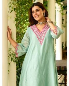 Blue Embroidered Viscose Chanderi Kurta with Pants- Set of 2