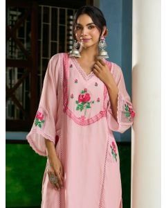 Powder Pink Embroidered Chanderi Kurta with Pants- Set of 2