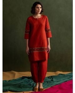 Red Embroidered Cotton Linen Kurta with Salwar - Set of 2