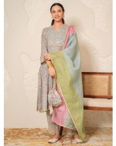 Blue Hand Block Printed Modal Cotton Embroidered Suit- Set of 3