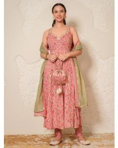 Pink Hand Block Printed Modal Embroidered Cotton Suit- Set of 3