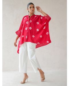 Red Bandhani Tie and Dye Muslin Kaftan Shirt