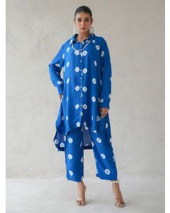 Blue Bandhani Tie and Dye Muslin Tunic with Pants- Set of 2