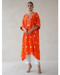 Orange Bandhani Tie and Dye Muslin Kaftan with Pants- Set of 2
