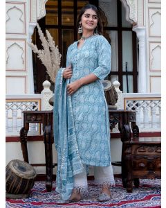 Blue Printed Cotton Kurta with Off White Pants and Mulmul Dupatta- Set of 3