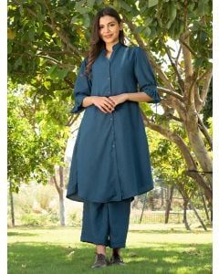 Teal Blue Viscose Blend Kurta with Pants- Set of 2