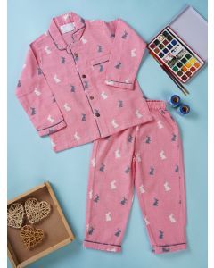 Light Pink Hand Block Printed Cotton Blend Unisex Nightwear- Set of 2