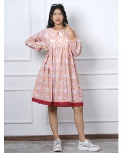 Peach Hand Block Printed Cotton Dress