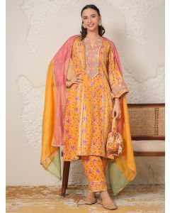 Yellow Hand Block Printed Modal Cotton Embroidered Suit- Set of 3
