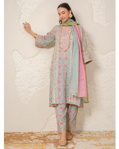 Blue Hand Block Printed Modal Cotton Embroidered Suit- Set of 3