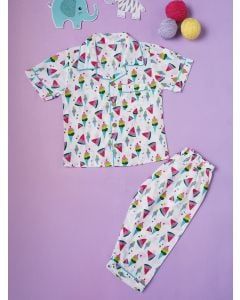 White Hand Block Printed Cotton Unisex Nightwear - Set of 2