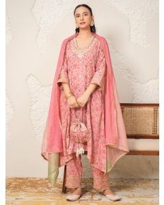Pink Hand Block Printed Modal Cotton Embroidered Suit- Set of 3