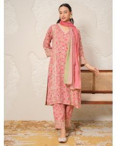Pink Hand Block Printed Modal Cotton Embroidered Suit- Set of 3