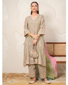 Green Hand Block Printed Modal Cotton Embroidered Suit- Set of 3
