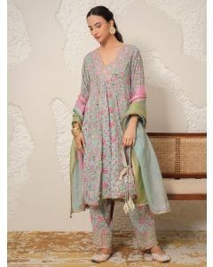 Blue Hand Block Printed Modal Cotton Embroidered Suit- Set of 3