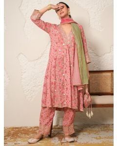 Pink Hand Block Printed Modal Cotton Embroidered Suit- Set of 3