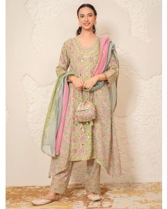 Green Hand Block Printed Modal Embroidered Cotton Suit- Set of 3