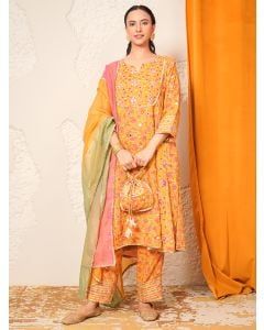 Yellow Hand Block Printed Modal Cotton Embroidered Suit- Set of 3