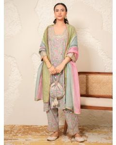 Blue Hand Block Printed Modal Cotton Embroidered Suit- Set of 3
