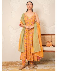 Yellow Hand Block Printed Modal Embroidered Cotton Suit- Set of 3
