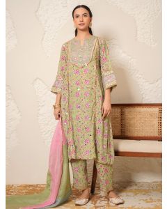 Green Hand Block Printed Modal Cotton Embroidered Suit- Set of 3