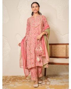 Pink Hand Block Printed Modal Cotton Embroidered Suit- Set of 3