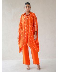 Orange Bandhani Tie and Dye Muslin Kaftan Shirt with Pants- Set of 2