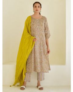 Mahendi Green Hand Block Printed Cotton Suit- Set of 3