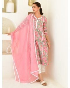 Green Pink Hand Block Printed Cotton Suit- Set of 3
