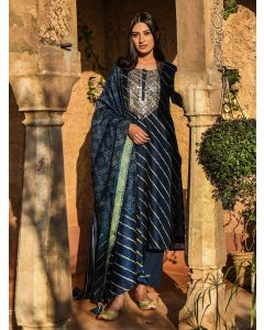 Navy Blue Gota Patti Chanderi Leheriya Kurta with Cotton Pants and Dupatta- Set of 3