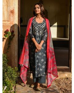 Grey Printed Chanderi Gota Patti Kurta with Cotton Pants and Red Dupatta- Set of 3