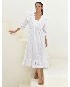 White Embroidered Dobby Dress