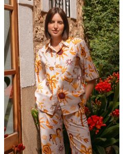 White Yellow Printed Linen Shirt