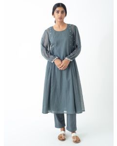 Grey Hand Embroidered Kota Doria Kurta with Inner and Pants- Set of 2