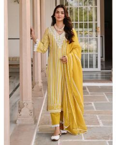 Yellow Printed Cotton Embroidered Suit - Set of 3