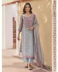 Powder Blue Printed Linen Embroidered Suit - Set of 3