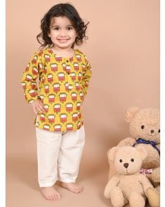 Yellow Red Printed Cotton Unisex Kurta with Pants- Set of 2