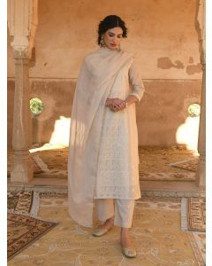 Off White Embroidered Chanderi Kurta with Cotton Pants and Sequins Work Kota Doria Dupatta - Set of 3