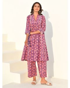 Purple Hand Block Printed Cotton Kurta with Pants- Set of 2