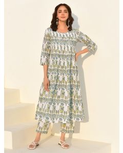 Blue White Hand Block Printed Cotton Kurta with Pants- Set of 2