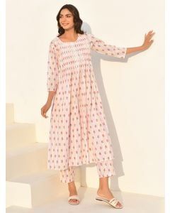 White Hand Block Printed Cotton Kurta with Pants- Set of 2