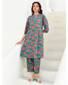 Multicolor Hand Block Printed Cotton Kurta with Pants- Set of 2