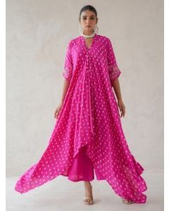 Pink Bandhani Tie and Dye Muslin Kurta with Pants- Set of 2